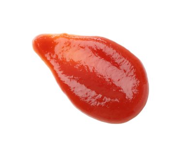 Lezzetli ketçap beyaza izole edilmiş, üst manzara. Domates sosu.