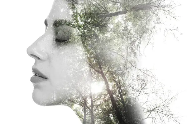 Double exposure of beautiful woman and trees on white background, color toned