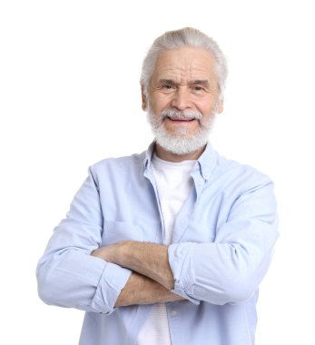 Portrait of happy grandpa on white background