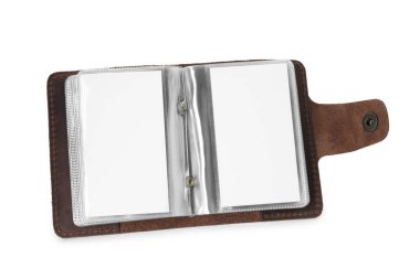 Beyazda boş kartları olan deri kartvizit sahibi