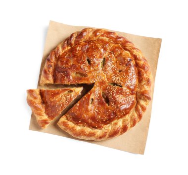 Beyaz manzaralı, nefis ev yapımı turta kes.