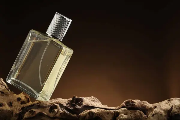 Luxury men`s perfume in bottle against brown background, space for text