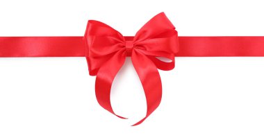 Kırmızı saten kurdele, beyaz yay ile izole, üst görünüm