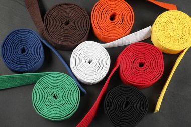 Gri arka planda renkli karate kemerleri, düz yatış