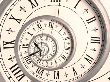 Infinity and other time related concepts. Beige clock face with roman numerals twisted in spiral, fractal pattern