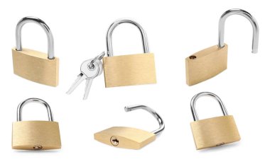 Çelik kilit beyaz, farklı taraflarda izole edilmiş. Ayarla