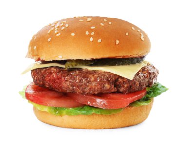 Lezzetli köfteli burger beyaz üzerine izole edilmiş.