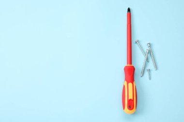 Kırmızı saplı tornavida ve açık mavi arka planda vidalar, düz konum. Metin için boşluk