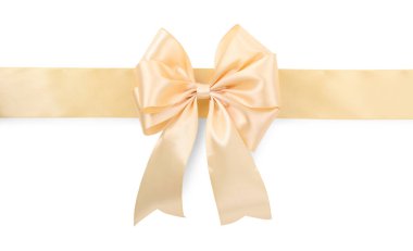 Beyaz, üst görünümde yay ile bej saten kurdele