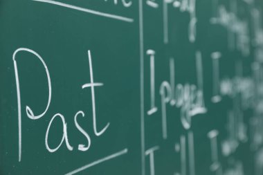 Yeşil tahtaya tebeşirle yazılmış İngilizce dil bilgisi kuralları