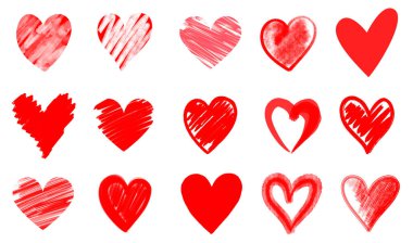 Beyaz arkaplanda farklı kırmızı kalpler kümesi