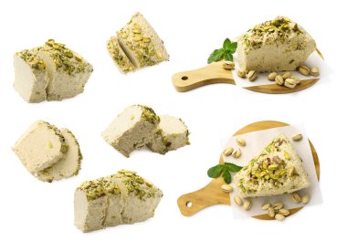 Lezzetli halva parçaları ve beyaz üzerinde fıstık, set.
