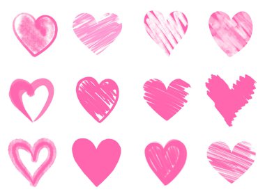 Beyaz arkaplanda farklı pembe kalpler kümesi