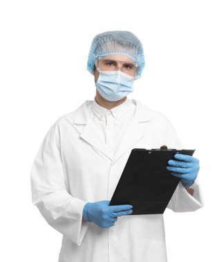 Kalite kontrolü. Beyaz arka planda panosu olan yemek müfettişi.