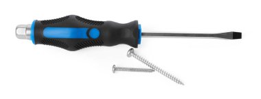 Siyah saplı tornavida ve vidalar beyaz, üst görünümde izole