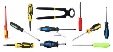 Farklı tornavidalar ve kıskaçlar beyaz, set