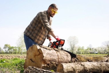 Güneşli bir günde tahta kesen adam