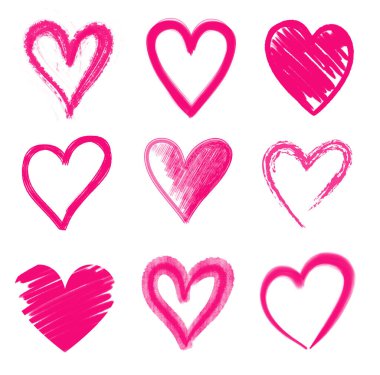 Beyaz arkaplanda farklı pembe kalpler kümesi