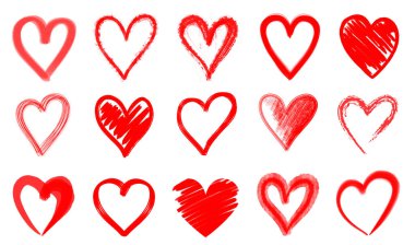 Beyaz arkaplanda farklı kırmızı kalpler kümesi