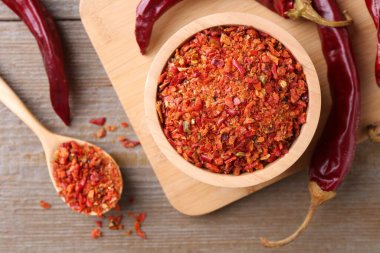 Aromatik baharat. Kırmızı biber taneleri kasede, kaşık ve kapsüller ahşap masada, düz yerde