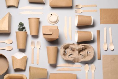 Açık gri arka planda çevre dostu gıda paketleri ve okaliptüs yapraklarıyla düz bir kompozisyon yatıyordu.