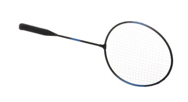 Bir badminton raketi beyaza izole edilmiş. Spor malzemeleri.