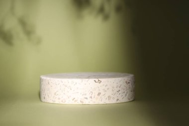 Ürünün sunumu. Açık yeşil arka planda podyum ve gölgeler. Metin için boşluk