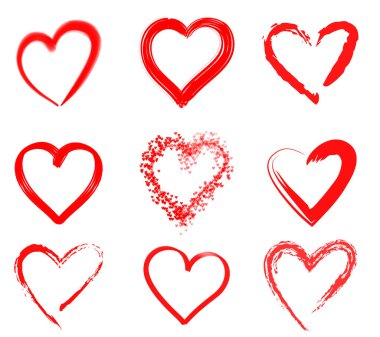 Beyaz arkaplanda farklı kırmızı kalpler kümesi