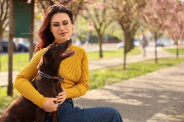 Woman with her cute German Shorthaired Pointer dog in park on spring day