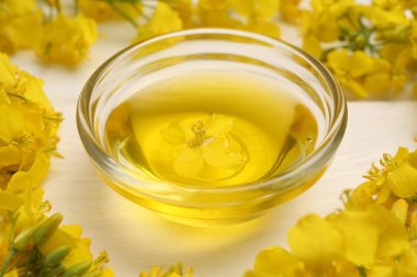 Cam kasede kolza yağı ve beyaz ahşap masada güzel sarı çiçekler.