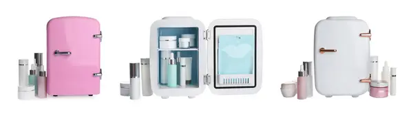 stock image Set of mini refrigerators isolated on white