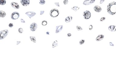 Beyaz arka planda havada parlayan güzel elmaslar