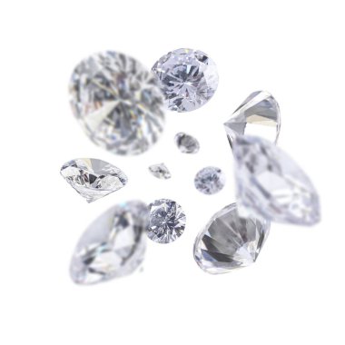 Beyaz arka planda havada parlayan güzel elmaslar