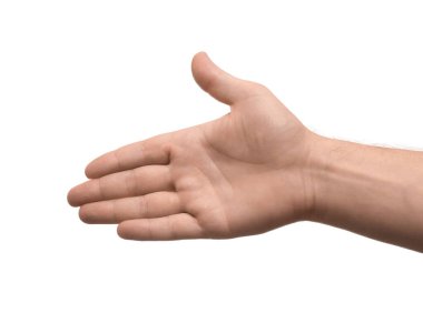 Beyaz arkaplanda el sıkışma teklif eden adam, yakın plan