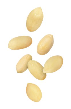 Many peanuts in air on white background