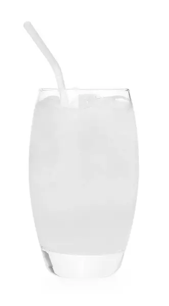 stock image Glass of coconut water with ice cubes isolated on white