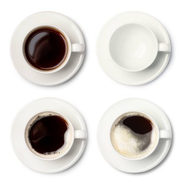 Aromatic coffee in cups isolated on white, top view