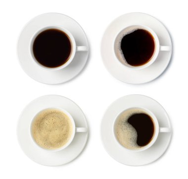 Aromatic coffee in cups isolated on white, top view