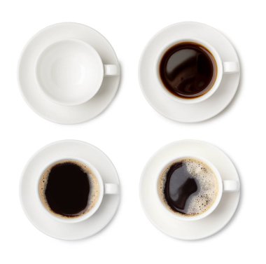 Aromatic coffee in cups isolated on white, top view