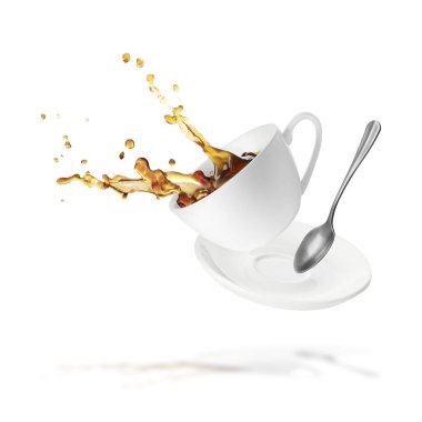Cup of coffee, saucer and spoon in air on white background