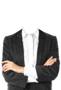 Pasaport fotoğrafı ya da diğer belgeler için resmi kıyafet değiştirme şablonu. Ceketli ve gömlekli başsız iş kadını beyazlar içinde izole edilmiş.