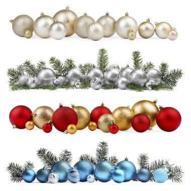 Bir dizi parlak Noel topu beyaza izole edilmiş.