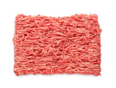 Taze çiğ et beyazda izole edilmiş, üst manzara