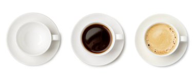 Aromatic coffee in cups isolated on white, top view