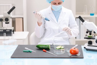 Kalite kontrolü. Gıda müfettişi ürünlerin güvenliğini laboratuvarda kontrol ediyor.