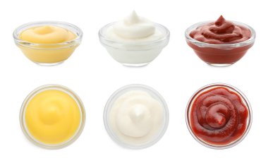 Beyaz, üst ve yan görüntülerde izole edilmiş farklı soslar.