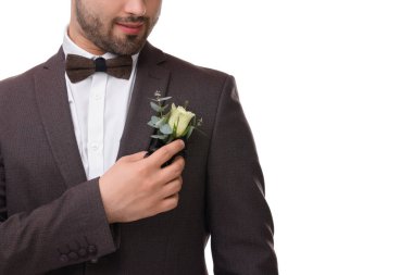 Beyaz arka planda yaka çiçekli damat, yakın plan. Düğün aksesuarı