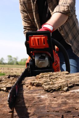 Ağaç kesen bir adam, yakın çekim manzarası.