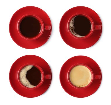 Aromatic coffee in cups isolated on white, top view