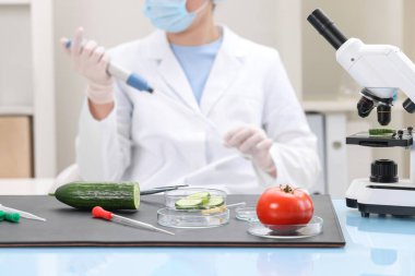 Quality control. Food inspector working in laboratory, selective focus